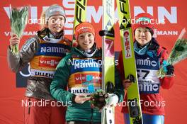02.12.2017, Lillehammer, Norway (NOR): Maren Lundby (NOR), Katharina Althaus (GER), Yuki Ito (JPN), (l-r) - FIS world cup ski jumping ladies, individual HS100, Lillehammer (NOR). www.nordicfocus.com. © Rauschendorfer/NordicFocus. Every downloaded picture is fee-liable.