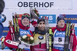 06.01.2018, Oberhof, Germany (GER): Johannes Thingnes Boe (NOR), Martin Fourcade (FRA), Tarjei Boe (NOR), (l-r) -  IBU world cup biathlon, pursuit men, Oberhof (GER). www.nordicfocus.com. © Manzoni/NordicFocus. Every downloaded picture is fee-liable.
