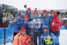 05.01.2018, Oberhof, Germany (GER): Tim Burke (USA) celebrates with his team -  IBU world cup biathlon, sprint men, Oberhof (GER). www.nordicfocus.com. © Manzoni/NordicFocus. Every downloaded picture is fee-liable.