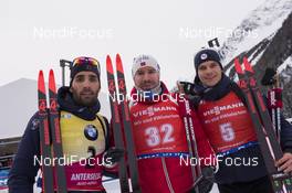 20.01.2018, Antholz, Italy (ITA): Martin Fourcade (FRA), Emil Hegle Svendsen (NOR), Emilien Jacquelin (FRA), (l-r) -  IBU world cup biathlon, pursuit men, Antholz (ITA). www.nordicfocus.com. © Manzoni/NordicFocus. Every downloaded picture is fee-liable.