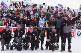 11.03.2018, Kontiolahti, Finland (FIN): Julian Eberhard (AUT) celebrates with his team - IBU world cup biathlon, mass start men, Kontiolahti (FIN). www.nordicfocus.com. © Manzoni/NordicFocus. Every downloaded picture is fee-liable.
