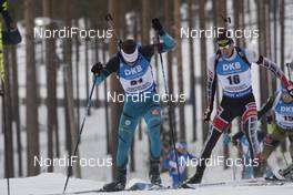 11.03.2018, Kontiolahti, Finland (FIN): Antonin Guigonnat (FRA), Julian Eberhard (AUT), (l-r) - IBU world cup biathlon, mass start men, Kontiolahti (FIN). www.nordicfocus.com. © Manzoni/NordicFocus. Every downloaded picture is fee-liable.