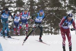 11.03.2018, Kontiolahti, Finland (FIN): Simon Desthieux (FRA), Tarjei Boe (NOR), Henrik l'Abee-Lund (NOR), Simon Schempp (GER), (l-r) - IBU world cup biathlon, mass start men, Kontiolahti (FIN). www.nordicfocus.com. © Manzoni/NordicFocus. Every downloaded picture is fee-liable.