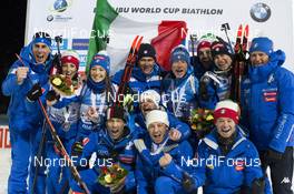 10.03.2018, Kontiolahti, Finland (FIN): Lisa Vittozzi (ITA), Dorothea Wierer (ITA), Lukas Hofer (ITA), Dominik Windisch (ITA) celebrate with the team -  IBU world cup biathlon, mixed relay, Kontiolahti (FIN). www.nordicfocus.com. © Manzoni/NordicFocus. Every downloaded picture is fee-liable.