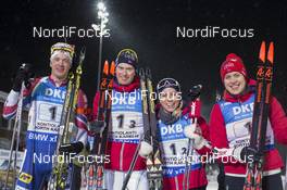 10.03.2018, Kontiolahti, Finland (FIN): Tarjei Boe (NOR), Henrik L'abee-Lund (NOR), Tiril Eckhoff (NOR), Synnoeve Solemdal (NOR), (l-r) -  IBU world cup biathlon, mixed relay, Kontiolahti (FIN). www.nordicfocus.com. © Manzoni/NordicFocus. Every downloaded picture is fee-liable.