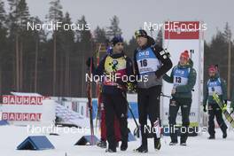 11.03.2018, Kontiolahti, Finland (FIN): Martin Fourcade (FRA), Julian Eberhard (AUT), (l-r) -  IBU world cup biathlon, training, Kontiolahti (FIN). www.nordicfocus.com. © Manzoni/NordicFocus. Every downloaded picture is fee-liable.