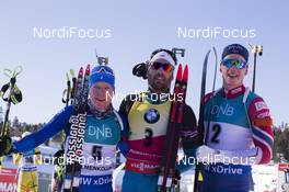 17.03.2018, Oslo, Norway (NOR): Lukas Hofer (ITA), Martin Fourcade (FRA), Johannes Thingnes Boe (NOR), (l-r) - IBU world cup biathlon, pursuit men, Oslo (NOR). www.nordicfocus.com. © Manzoni/NordicFocus. Every downloaded picture is fee-liable.