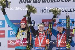 18.03.2018, Oslo, Norway (NOR): Anastasiya Kuzmina (SVK), Darya Domracheva (BLR), Susan Dunklee (USA), (l-r) - IBU world cup biathlon, pursuit women, Oslo (NOR). www.nordicfocus.com. © Manzoni/NordicFocus. Every downloaded picture is fee-liable.