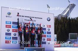 17.03.2018, Oslo, Norway (NOR): Anais Bescond (FRA), HABERT Dorin Habert (FRA), Celia Aymonier (FRA), Anais Chevalier (FRA), (l-r) - IBU world cup biathlon, relay women, Oslo (NOR). www.nordicfocus.com. © Manzoni/NordicFocus. Every downloaded picture is fee-liable.