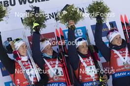 17.03.2018, Oslo, Norway (NOR): Anais Bescond (FRA), HABERT Dorin Habert (FRA), Celia Aymonier (FRA), Anais Chevalier (FRA), (l-r) - IBU world cup biathlon, relay women, Oslo (NOR). www.nordicfocus.com. © Manzoni/NordicFocus. Every downloaded picture is fee-liable.