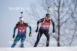 17.03.2018, Oslo, Norway (NOR): Anais Chevalier (FRA), Elisa Gasparin (SUI), (l-r) - IBU world cup biathlon, relay women, Oslo (NOR). www.nordicfocus.com. © Manzoni/NordicFocus. Every downloaded picture is fee-liable.