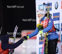 24.03.2018, Tyumen, Russia (RUS): Kaisa Makarainen (FIN), Anais Bescond (FRA) - IBU world cup biathlon, pursuit women, Tyumen (RUS). www.nordicfocus.com. © Tumashov/NordicFocus. Every downloaded picture is fee-liable.