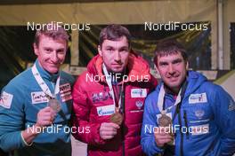 27.01.2018, Ridnaun, Italy (ITA): Krasimir Anev (BUL), Alexander Loginov (RUS), Evgeniy Garanichev (RUS), (l-r) - IBU Open European championships biathlon, medals, Ridnaun (ITA). www.nordicfocus.com. © Manzoni/NordicFocus. Every downloaded picture is fee-liable.