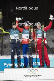 15.02.2018, Pyeongchang, Korea (KOR): Jakov Fak (SLO), Johannes Thingnes Boe (NOR), Dominik Landertinger (AUT), (l-r) - XXIII. Olympic Winter Games Pyeong Chang 2018, biathlon, individual men, Pyeong Chang (KOR). www.nordicfocus.com. © Manzoni/NordicFocus. Every downloaded picture is fee-liable.