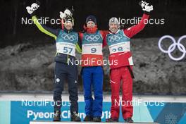15.02.2018, Pyeongchang, Korea (KOR): Jakov Fak (SLO), Johannes Thingnes Boe (NOR), Dominik Landertinger (AUT), (l-r) - XXIII. Olympic Winter Games Pyeong Chang 2018, biathlon, individual men, Pyeong Chang (KOR). www.nordicfocus.com. © Manzoni/NordicFocus. Every downloaded picture is fee-liable.