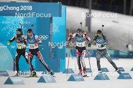 15.02.2018, Pyeongchang, Korea (KOR): Michael Roesch (BEL), Simon Eder (AUT), Dominik Landertinger (AUT), Vytautas Strolia (LTU), (l-r) - XXIII. Olympic Winter Games Pyeong Chang 2018, biathlon, individual men, Pyeong Chang (KOR). www.nordicfocus.com. © Manzoni/NordicFocus. Every downloaded picture is fee-liable.