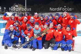 15.02.2018, Pyeongchang, Korea (KOR): Johannes Thingnes Boe (NOR) celebrates with team norway - XXIII. Olympic Winter Games Pyeong Chang 2018, biathlon, individual men, Pyeong Chang (KOR). www.nordicfocus.com. © Manzoni/NordicFocus. Every downloaded picture is fee-liable.