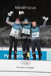 15.02.2018, Pyeongchang, Korea (KOR): Anastasiya Kuzmina (SVK), Hanna Oeberg (SWE), Laura Dahlmeier (GER), (l-r) - XXIII. Olympic Winter Games Pyeongchang 2018, biathlon, individual women, Pyeongchang (KOR). www.nordicfocus.com. © Manzoni/NordicFocus. Every downloaded picture is fee-liable.