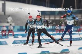18.02.2018, Pyeongchang, Korea (KOR): Simon Schempp (GER), Erik Lesser (GER), Martin Fourcade (FRA), (l-r) - XXIII. Olympic Winter Games Pyeongchang 2018, biathlon, mass men, Pyeongchang (KOR). www.nordicfocus.com. © Manzoni/NordicFocus. Every downloaded picture is fee-liable.