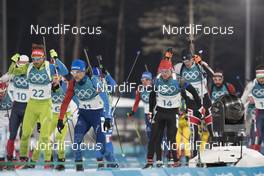 18.02.2018, Pyeongchang, Korea (KOR): Klemen Bauer (SLO), Simon Desthieux (FRA), Simon Schempp (GER), (l-r) - XXIII. Olympic Winter Games Pyeongchang 2018, biathlon, mass men, Pyeongchang (KOR). www.nordicfocus.com. © Manzoni/NordicFocus. Every downloaded picture is fee-liable.