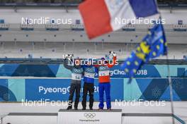18.02.2018, Pyeongchang, Korea (KOR): Simon Schempp (GER), Martin Fourcade (FRA), Emil Hegle Svendsen (NOR), (l-r) - XXIII. Olympic Winter Games Pyeongchang 2018, biathlon, mass men, Pyeongchang (KOR). www.nordicfocus.com. © Thibaut/NordicFocus. Every downloaded picture is fee-liable.