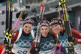 17.02.2018, Pyeongchang, Korea (KOR): Irene Cadurisch (SUI), Elisa Gasparin (SUI), Lena Haecki (SUI), (l-r) - XXIII. Olympic Winter Games Pyeongchang 2018, biathlon, mass women, Pyeongchang (KOR). www.nordicfocus.com. © Manzoni/NordicFocus. Every downloaded picture is fee-liable.