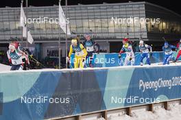 17.02.2018, Pyeongchang, Korea (KOR): Laura Dahlmeier (GER), Marte Olsbu (NOR), Hanna Oeberg (SWE), Anastasiya Kuzmina (SVK), Veronika Vitkova (CZE), (l-r) - XXIII. Olympic Winter Games Pyeongchang 2018, biathlon, mass women, Pyeongchang (KOR). www.nordicfocus.com. © Manzoni/NordicFocus. Every downloaded picture is fee-liable.