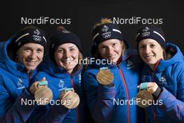 24.02.2018, Pyeongchang, Korea (KOR): Anais Bescond (FRA), Justine Braisaz (FRA), Marie Dorin (FRA), Anais Chevalier (FRA), (l-r) - XXIII. Olympic Winter Games Pyeongchang 2018, biathlon, medals, Pyeongchang (KOR). www.nordicfocus.com. © Manzoni/NordicFocus. Every downloaded picture is fee-liable.