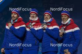 24.02.2018, Pyeongchang, Korea (KOR): Emil Hegle Svendsen (NOR), Johannes Thingnes Boe (NOR), Tarjei Boe (NOR), Lars Helge Birkeland (NOR), (l-r) - XXIII. Olympic Winter Games Pyeongchang 2018, biathlon, medals, Pyeongchang (KOR). www.nordicfocus.com. © Manzoni/NordicFocus. Every downloaded picture is fee-liable.