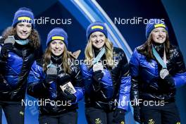 23.02.2018, Pyeongchang, Korea (KOR): Hanna Oeberg (SWE), Anna Magnusson (SWE), Mona Brorsson (SWE), Linn Persson (SWE), (l-r) - XXIII. Olympic Winter Games Pyeongchang 2018, biathlon, medals, Pyeongchang (KOR). www.nordicfocus.com. © Modica/NordicFocus. Every downloaded picture is fee-liable.