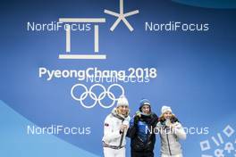 16.02.2018, Pyeongchang, Korea (KOR): Anastasiya Kuzmina (SVK), Hanna Oeberg (SWE), Laura Dahlmeier (GER), (l-r) - XXIII. Olympic Winter Games Pyeongchang 2018, biathlon, medals, Pyeongchang (KOR). www.nordicfocus.com. © Modica/NordicFocus. Every downloaded picture is fee-liable.