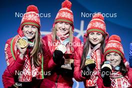 23.02.2018, Pyeongchang, Korea (KOR): Darya Domracheva (BLR), Dzinara Alimbekava (BLR), Iryna Kryuko (BLR), Nadezhda Skardino (BLR), (l-r) - XXIII. Olympic Winter Games Pyeongchang 2018, biathlon, medals, Pyeongchang (KOR). www.nordicfocus.com. © Modica/NordicFocus. Every downloaded picture is fee-liable.