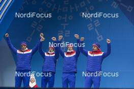 24.02.2018, Pyeongchang, Korea (KOR): Lars Helge Birkeland (NOR), Tarjei Boe (NOR), Johannes Thingnes Boe (NOR), Emil Hegle Svendsen (NOR), (l-r) - XXIII. Olympic Winter Games Pyeongchang 2018, biathlon, medals, Pyeongchang (KOR). www.nordicfocus.com. © Manzoni/NordicFocus. Every downloaded picture is fee-liable.