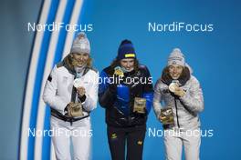 16.02.2018, Pyeongchang, Korea (KOR): Laura Dahlmeier (GER), Hanna Oeberg (SWE), Anastasiya Kuzmina (SVK), (l-r) - XXIII. Olympic Winter Games Pyeongchang 2018, biathlon, medals, Pyeongchang (KOR). www.nordicfocus.com. © Manzoni/NordicFocus. Every downloaded picture is fee-liable.
