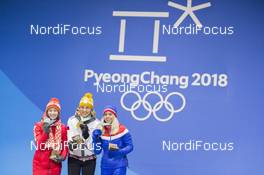 18.02.2018, Pyeongchang, Korea (KOR): Darya Domracheva (BLR), Anastasiya Kuzmina (SVK), Tiril Eckhoff (NOR), (l-r) - XXIII. Olympic Winter Games Pyeongchang 2018, biathlon, medals, Pyeongchang (KOR). www.nordicfocus.com. © Manzoni/NordicFocus. Every downloaded picture is fee-liable.