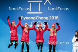 23.02.2018, Pyeongchang, Korea (KOR): Nadezhda Skardino (BLR), Iryna Kryuko (BLR), Dzinara Alimbekava (BLR), Darya Domracheva (BLR), (l-r) - XXIII. Olympic Winter Games Pyeongchang 2018, biathlon, medals, Pyeongchang (KOR). www.nordicfocus.com. © Modica/NordicFocus. Every downloaded picture is fee-liable.