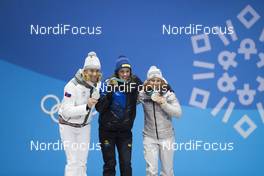 16.02.2018, Pyeongchang, Korea (KOR): Anastasiya Kuzmina (SVK), Hanna Oeberg (SWE), Laura Dahlmeier (GER), (l-r) - XXIII. Olympic Winter Games Pyeongchang 2018, biathlon, medals, Pyeongchang (KOR). www.nordicfocus.com. © Manzoni/NordicFocus. Every downloaded picture is fee-liable.