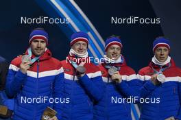 24.02.2018, Pyeongchang, Korea (KOR): Emil Hegle Svendsen (NOR), Johannes Thingnes Boe (NOR), Tarjei Boe (NOR), Lars Helge Birkeland (NOR), (l-r) - XXIII. Olympic Winter Games Pyeongchang 2018, biathlon, medals, Pyeongchang (KOR). www.nordicfocus.com. © Manzoni/NordicFocus. Every downloaded picture is fee-liable.
