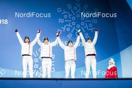 23.02.2018, Pyeongchang, Korea (KOR): Anais Chevalier (FRA), Marie Dorin Habert (FRA), Justine Braisaz (FRA), Anais Bescond (FRA), (l-r) - XXIII. Olympic Winter Games Pyeongchang 2018, biathlon, medals, Pyeongchang (KOR). www.nordicfocus.com. © Modica/NordicFocus. Every downloaded picture is fee-liable.