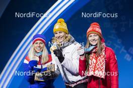 18.02.2018, Pyeongchang, Korea (KOR): Tiril Eckhoff (NOR), Anastasiya Kuzmina (SVK), Darya Domracheva (BLR), (l-r) - XXIII. Olympic Winter Games Pyeongchang 2018, biathlon, medals, Pyeongchang (KOR). www.nordicfocus.com. © Manzoni/NordicFocus. Every downloaded picture is fee-liable.