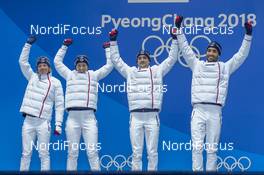21.02.2018, Pyeongchang, Korea (KOR): Marie Dorin Habert (FRA), Anais Bescond (FRA), Simon Desthieux (FRA), Martin Fourcade (FRA), (l-r) - XXIII. Olympic Winter Games Pyeongchang 2018, biathlon, medals, Pyeongchang (KOR). www.nordicfocus.com. © Thibaut/NordicFocus. Every downloaded picture is fee-liable.