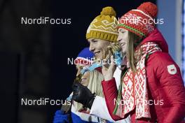 18.02.2018, Pyeongchang, Korea (KOR): Darya Domracheva (BLR), Anastasiya Kuzmina (SVK), Tiril Eckhoff (NOR), (l-r) - XXIII. Olympic Winter Games Pyeongchang 2018, biathlon, medals, Pyeongchang (KOR). www.nordicfocus.com. © Manzoni/NordicFocus. Every downloaded picture is fee-liable.