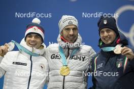 13.02.2018, Pyeongchang, Korea (KOR): Michal Krcmar (CZE), Arnd Peiffer (GER), Dominik Windisch (ITA), (l-r) - XXIII. Olympic Winter Games Pyeongchang 2018, biathlon, medals, Pyeongchang (KOR). www.nordicfocus.com. © Manzoni/NordicFocus. Every downloaded picture is fee-liable.