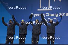 24.02.2018, Pyeongchang, Korea (KOR): Peppe Femling (SWE), Jesper Nelin (SWE), Sebastian Samuelsson (SWE), Fredrik Lindstroem (SWE), (l-r) - XXIII. Olympic Winter Games Pyeongchang 2018, biathlon, medals, Pyeongchang (KOR). www.nordicfocus.com. © Manzoni/NordicFocus. Every downloaded picture is fee-liable.
