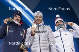 13.02.2018, Pyeongchang, Korea (KOR): Dominik Windisch (ITA), Arnd Peiffer (GER), Michal Krcmar (CZE), (l-r) - XXIII. Olympic Winter Games Pyeongchang 2018, biathlon, medals, Pyeongchang (KOR). www.nordicfocus.com. © Manzoni/NordicFocus. Every downloaded picture is fee-liable.