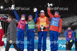 20.02.2018, Pyeongchang, Korea (KOR): Marte Olsbu (NOR), Tiril Eckhoff (NOR), Johannes Thingnes Boe (NOR), Emil Hegle Svendsen (NOR), (l-r) - XXIII. Olympic Winter Games Pyeongchang 2018, biathlon, relay mixed, Pyeongchang (KOR). www.nordicfocus.com. © Manzoni/NordicFocus. Every downloaded picture is fee-liable.