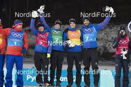 20.02.2018, Pyeongchang, Korea (KOR): Marie Dorin Habert (FRA), Anais Bescond (FRA), Simon Desthieux (FRA), Martin Fourcade (FRA), (l-r) - XXIII. Olympic Winter Games Pyeongchang 2018, biathlon, relay mixed, Pyeongchang (KOR). www.nordicfocus.com. © Manzoni/NordicFocus. Every downloaded picture is fee-liable.