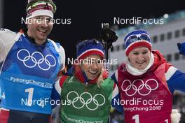 20.02.2018, Pyeongchang, Korea (KOR): Emil Hegle Svendsen (NOR), Tiril Eckhoff (NOR), Marte Olsbu (NOR), (l-r) - XXIII. Olympic Winter Games Pyeongchang 2018, biathlon, relay mixed, Pyeongchang (KOR). www.nordicfocus.com. © Manzoni/NordicFocus. Every downloaded picture is fee-liable.