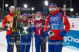 20.02.2018, Pyeongchang, Korea (KOR): Johannes Thingnes Boe (NOR), Tiril Eckhoff (NOR), Marte Olsbu (NOR), Emil Hegle Svendsen (NOR), (l-r) - XXIII. Olympic Winter Games Pyeongchang 2018, biathlon, relay mixed, Pyeongchang (KOR). www.nordicfocus.com. © Manzoni/NordicFocus. Every downloaded picture is fee-liable.
