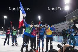 20.02.2018, Pyeongchang, Korea (KOR): Anais Bescond (FRA), Marie Dorin Habert (FRA), Martin Fourcade (FRA), Simon Desthieux (FRA), (l-r) - XXIII. Olympic Winter Games Pyeongchang 2018, biathlon, relay mixed, Pyeongchang (KOR). www.nordicfocus.com. © Manzoni/NordicFocus. Every downloaded picture is fee-liable.